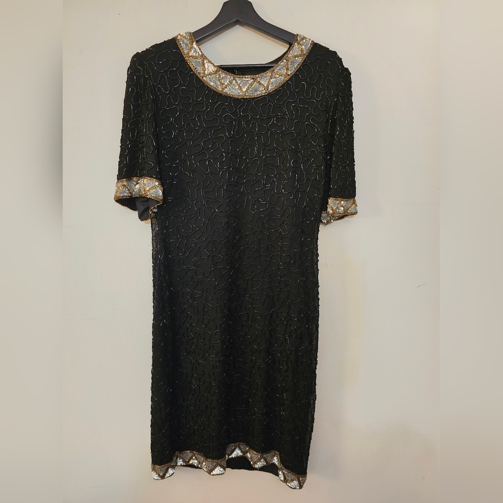 Elegant Black Beaded Midi Dress 100% Silk with Gold And Silver Trim
